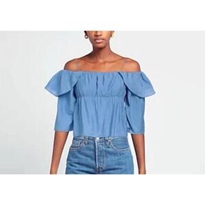 New Vince Ruched Crop Top Scoop Neckline Off Shoulders 3/4 Sleeves Blue Size L